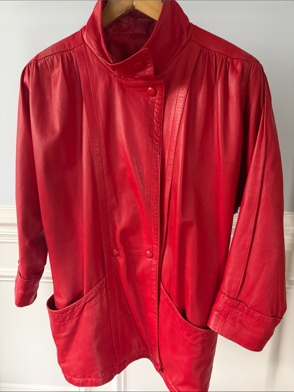 Vintage 80s Vera Pelle Red Genuine Leather Jacket Stand Collar Snap Front US 4